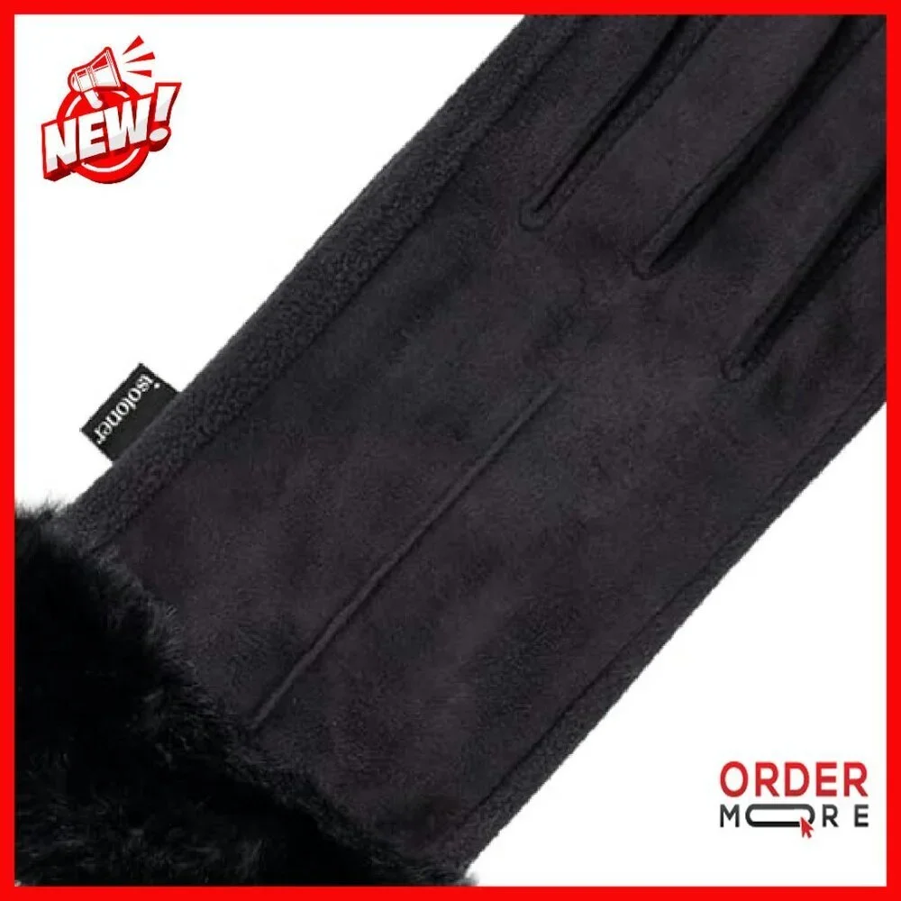 Water Repellent Touchscreen Gloves Faux Fur Cuff Fleece Lined Stretch Fit